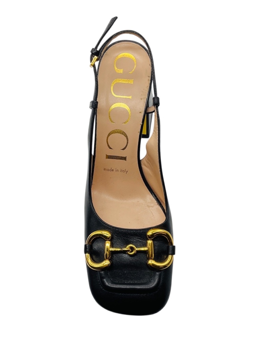 GUCCI BLACK / GOLD HORSEBIT DETAIL SQUARE TOE LEATHER SLINGBACK PUMPS - Picture 4 of 7